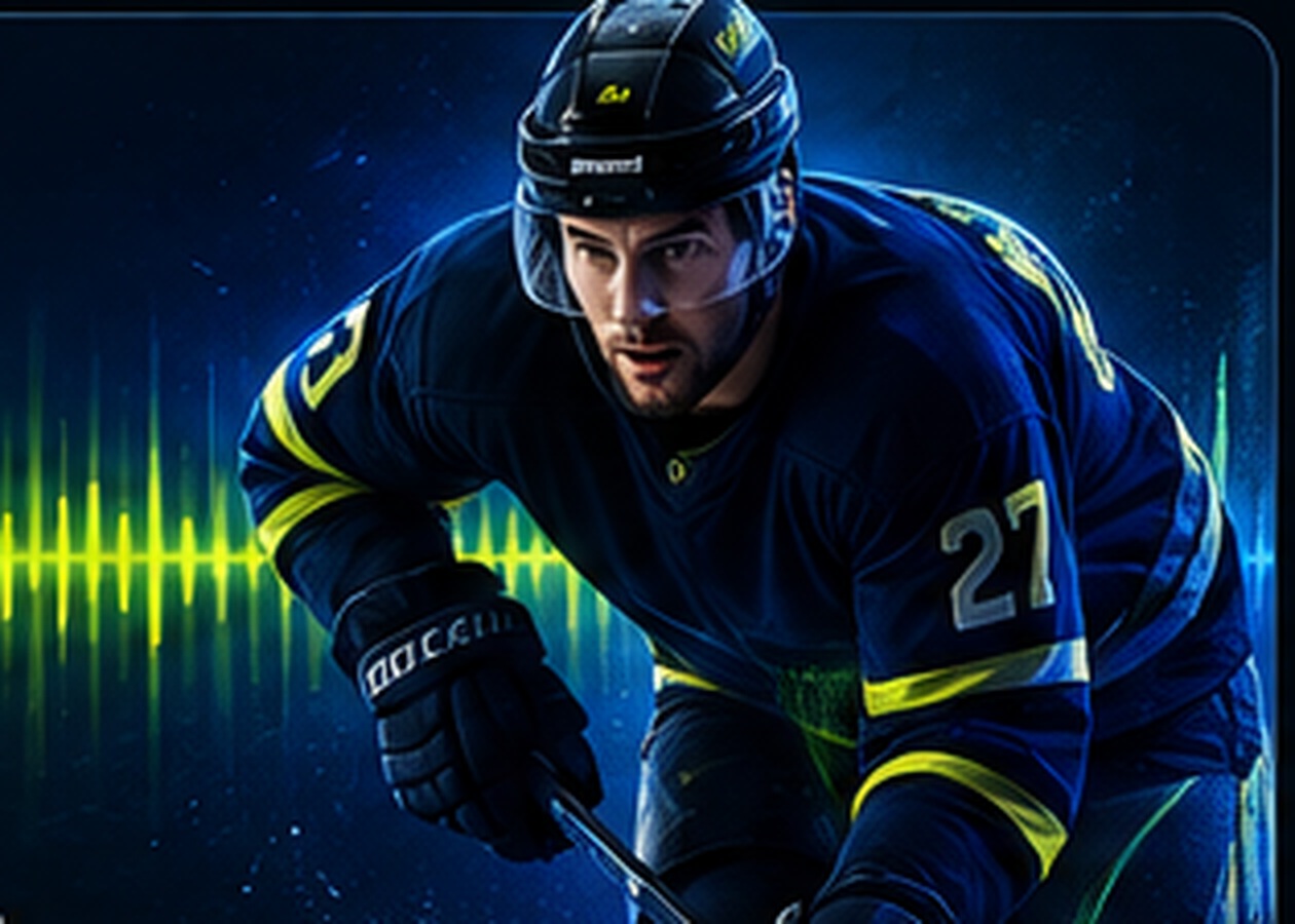 Hockey player skating through arena-style sound-wave lighting